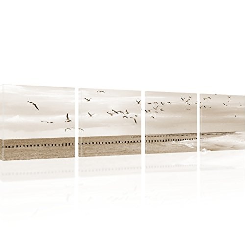 Wandbild Strand Kunstdruck Ozean Bild auf Leinwand Landschaft Leinwandbild - 180x45 cm 4-Teilig: Sepia