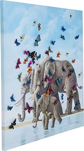 Kare 39251 Design Bild Touched with Butterflys, XXL Leinwandbild auf keilrahmen, Wanddekoration mit Elefanten und Schmetterlingen, bunt (H/B/T) 120x120x4cm