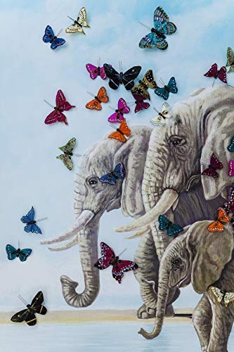Kare 39251 Design Bild Touched with Butterflys, XXL Leinwandbild auf keilrahmen, Wanddekoration mit Elefanten und Schmetterlingen, bunt (H/B/T) 120x120x4cm