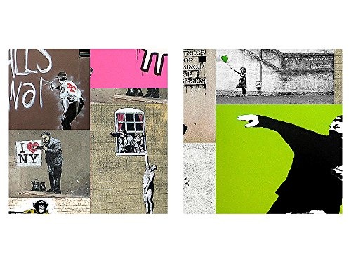 Bilder Collage Banksy Street Art Wandbild 200 x 80 cm Vlies - Leinwand Bild XXL Format Wandbilder Wohnzimmer Wohnung Deko Kunstdrucke Bunt 5 Teilig - Made IN Germany - Fertig zum Aufhängen 302755a