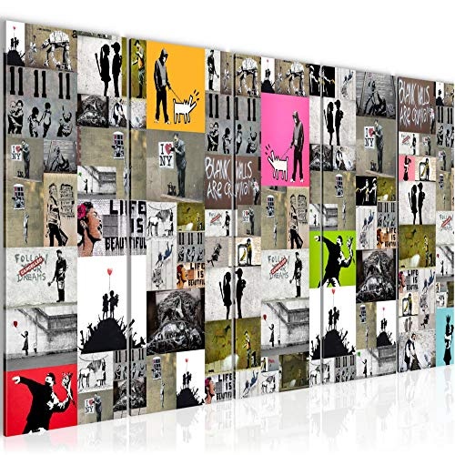 Bilder Collage Banksy Street Art Wandbild 200 x 80 cm Vlies - Leinwand Bild XXL Format Wandbilder Wohnzimmer Wohnung Deko Kunstdrucke Bunt 5 Teilig - Made IN Germany - Fertig zum Aufhängen 302755a