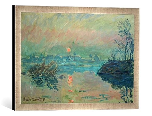 Gerahmtes Bild von Claude Monet Untergehende Sonne, Kunstdruck im hochwertigen handgefertigten Bilder-Rahmen, 60x40 cm, Silber Raya