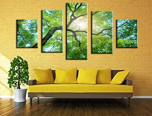Wowdecor Wandbild, 5-teilig, Leinwand Malerei Prints für mehrere Bilder - Grün Baum Sonne Giclée Bilder Bild auf Leinwand, Poster, Wall Decor Geschenk, ungerahmt, grün, Large