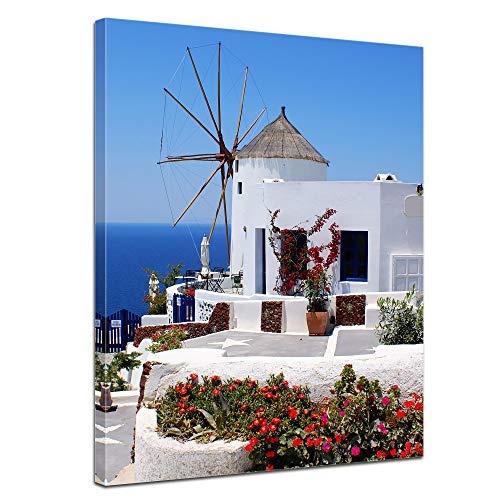 Wandbild - Griechische Mühle - Bild auf Leinwand - 60 x 80 cm - Leinwandbilder - Bilder als Leinwanddruck - Urlaub, Sonne & Meer - Mittelmeer - Griechenland - Mühle in Santorini