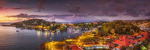 Leinwandbild in Galerie Qualität. Der Hafen Castries von St. Lucia / Karibik zum Sonnenuntergang. . Leinwand Panoramabild aufgezogen auf Naturholz Keilrahmen als Kunst Wandbild | Bild