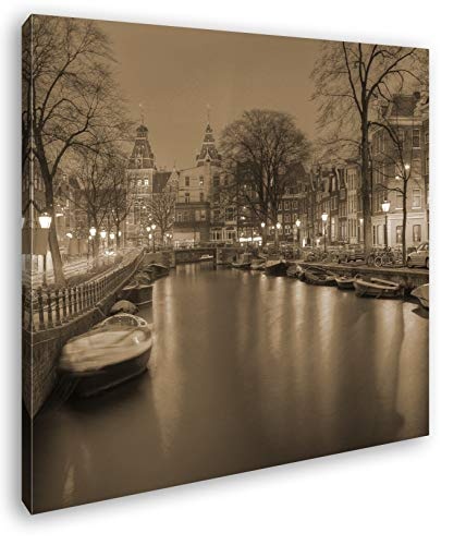 deyoli Kanal in Amsterdam bei Nacht Format: 70x70 Effekt: Sepia als Leinwandbild, Motiv auf Echtholzrahmen, Hochwertiger Digitaldruck mit Rahmen, Kein Poster oder Plakat