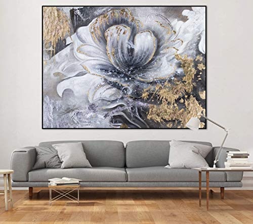 KunstLoft® XXL Gemälde White Elegance 200x150cm | original handgemalte Bilder | Modern Blume Grau Gold | Leinwand-Bild Ölgemälde einteilig groß | Modernes Kunst Ölbild