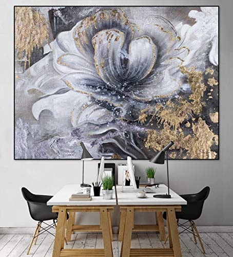 KunstLoft® XXL Gemälde White Elegance 200x150cm | original handgemalte Bilder | Modern Blume Grau Gold | Leinwand-Bild Ölgemälde einteilig groß | Modernes Kunst Ölbild