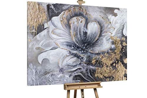 KunstLoft® XXL Gemälde White Elegance 200x150cm | original handgemalte Bilder | Modern Blume Grau Gold | Leinwand-Bild Ölgemälde einteilig groß | Modernes Kunst Ölbild