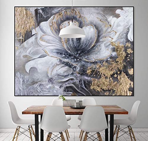 KunstLoft® XXL Gemälde White Elegance 200x150cm | original handgemalte Bilder | Modern Blume Grau Gold | Leinwand-Bild Ölgemälde einteilig groß | Modernes Kunst Ölbild