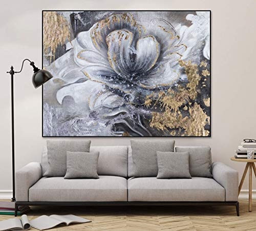 KunstLoft® XXL Gemälde White Elegance 200x150cm | original handgemalte Bilder | Modern Blume Grau Gold | Leinwand-Bild Ölgemälde einteilig groß | Modernes Kunst Ölbild