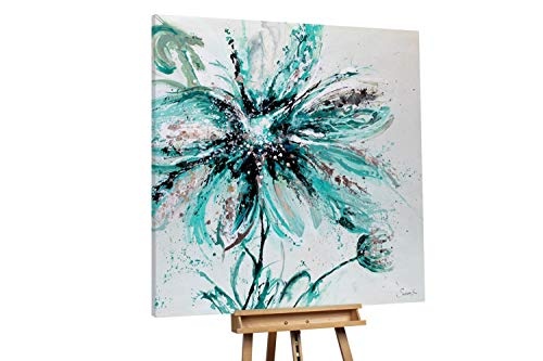 KunstLoft XXL Gemälde Laquarelle 150x150cm | Original handgemalte Bilder | Blume Weiß Petrol Schwarz | Leinwand-Bild Ölgemälde Einteilig groß | Modernes Kunst Ölbild