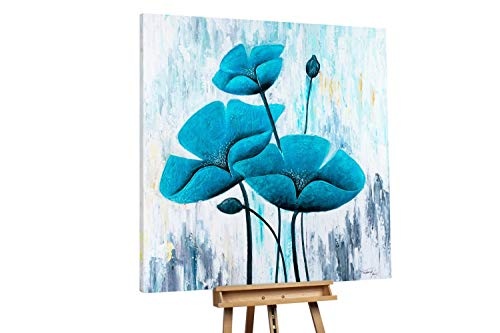 KunstLoft XXL Gemälde Blühende Augenweide 150x150cm | Original handgemalte Bilder | Blumen Blüten Blau Grau | Leinwand-Bild Ölgemälde Einteilig groß | Modernes Kunst Ölbild