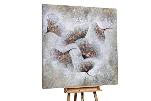 KunstLoft XXL Gemälde Blütenwirbel 150x150cm | Original handgemalte Bilder | Modern Blume Grau Gold | Leinwand-Bild Ölgemälde Einteilig groß | Modernes Kunst Ölbild