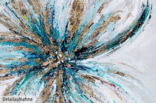 KunstLoft XXL Gemälde Floraler Zeitgeist 150x150cm | Original handgemalte Bilder | Modern Blume Blau Gold | Leinwand-Bild Ölgemälde Einteilig groß | Modernes Kunst Ölbild