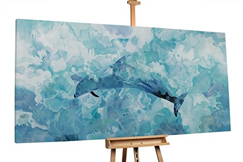 KunstLoft® XXL Gemälde Diving to Liberty 200x100cm | original handgemalte Bilder | Delphin Meer Blau Wellen | Leinwand-Bild Ölgemälde einteilig groß | Modernes Kunst Ölbild