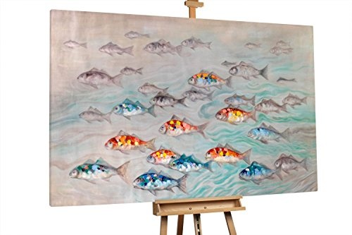 KunstLoft® XXL Gemälde Wettkampf im Meer 180x120cm | original handgemalte Bilder | Fische Meer Blau Orange | Leinwand-Bild gemälde einteilig groß | Modernes Kunst bild