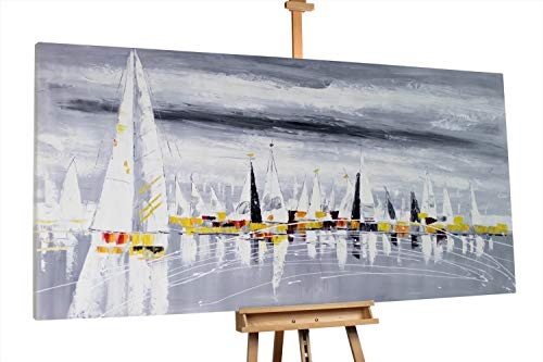KunstLoft® XXL Gemälde Serenity Sail 200x100cm | original handgemalte Bilder | Segelschiff Meer Ausflug Grau | Leinwand-Bild Ölgemälde einteilig groß | Modernes Kunst Ölbild