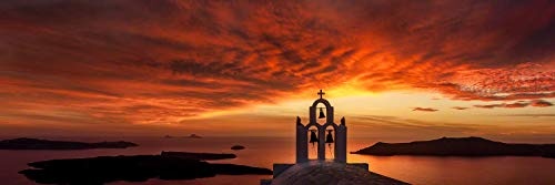 Leinwandbild in Galerie Qualität. Santorin. Glockenturm mit spektakulärem Sonnenuntergang über dem Meer. . Leinwand Panoramabild aufgezogen auf Naturholz Keilrahmen als Kunst Wandbild | Bild