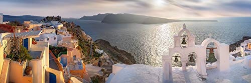 Leinwandbild in Galerie Qualität. Santorin. Typischer Glockenturm mit Blick auf das Meer zum Sonnenuntergang. . Leinwand Panoramabild aufgezogen auf Naturholz Keilrahmen als Kunst Wandbild | Bild