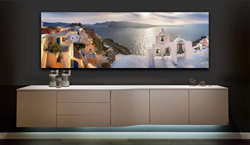 Leinwandbild in Galerie Qualität. Santorin. Typischer Glockenturm mit Blick auf das Meer zum Sonnenuntergang. . Leinwand Panoramabild aufgezogen auf Naturholz Keilrahmen als Kunst Wandbild | Bild