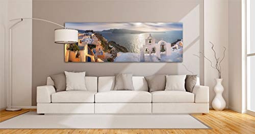 Leinwandbild in Galerie Qualität. Santorin. Typischer Glockenturm mit Blick auf das Meer zum Sonnenuntergang. . Leinwand Panoramabild aufgezogen auf Naturholz Keilrahmen als Kunst Wandbild | Bild