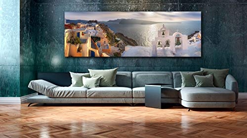 Leinwandbild in Galerie Qualität. Santorin. Typischer Glockenturm mit Blick auf das Meer zum Sonnenuntergang. . Leinwand Panoramabild aufgezogen auf Naturholz Keilrahmen als Kunst Wandbild | Bild