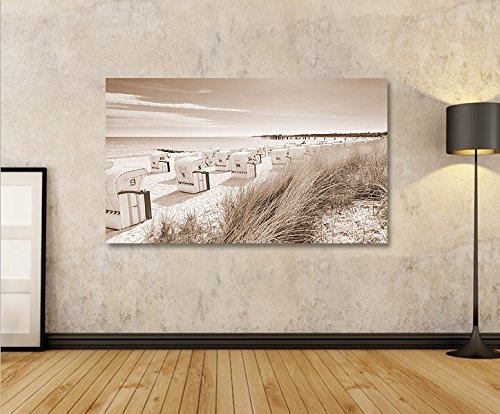 islandburner Bild Bilder auf Leinwand Strandkorb Sepia Nordseestrand 1p XXL Poster Leinwandbild Wandbild Dekoartikel Wohnzimmer Marke