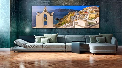 Leinwandbild in Galerie Qualität. Santorin. Glockenturm mit Blick über Oia und das Meer im Sonnenschein. . Leinwand Panoramabild aufgezogen auf Naturholz Keilrahmen als Kunst Wandbild | Bild