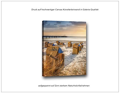 Voss Fine Art Photography Leinwandbild in Galerie Qualität. Strandkörbe im Sonnenaufgang am Ostsee Strand von Scharbeutz Leinwand Foto aufgezogen auf Naturholz Keilrahmen als Kunst Wandbild | Bild