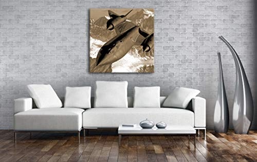 schwarzer Jet über den Bergen im Format: 70x70 Effekt: Sepia als Leinwandbild, Motiv auf Echtholzrahmen, Hochwertiger Digitaldruck mit Rahmen, Kein Poster oder Plakat