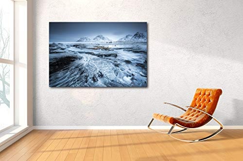 Voss Fine Art Photography Leinwandbild in Galerie Qualität. Lofoten/Norwegen. Strand von Flakstad im Winter. Leinwand Foto aufgezogen auf Naturholz Keilrahmen als Kunst Wandbild | Bild