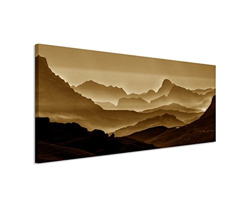 150x50cm Wandbild Panorama Fotoleinwand Bild in Sepia Landschaft Berge