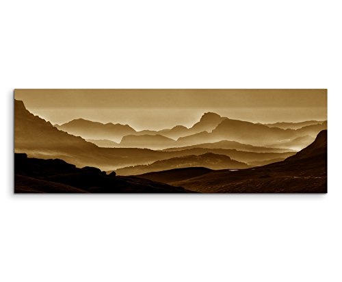 150x50cm Wandbild Panorama Fotoleinwand Bild in Sepia Landschaft Berge