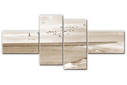 Wandbild Strand Kunstdruck Ozean Bild auf Leinwand Landschaft Leinwandbild - 130x60 cm 4-Teilig: Sepia