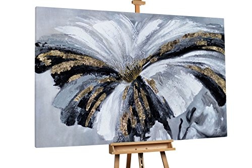 KunstLoft XXL Gemälde Blütenzauber 180x120cm | Original handgemalte Bilder | Abstrakt Blume Gold Grau | Leinwand-Bild Ölgemälde Einteilig groß | Modernes Kunst Ölbild