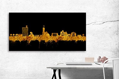 Kunstbruder Kunstdruck Skyline Bielefeld - Schwarz/Gold (Div. Grössen) 3D 4cm - Bild auf Leinwand/Wandbild Leinwandbild Streetart 100x200 cm