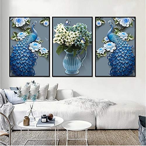 WICOEB Diamond Peacock Dekorative Malerei Wohnzimmer Hängen Gemälde Sofa Hintergrund Wand Dreifach Wand Eingang Restaurant Schlafzimmer Wandbild