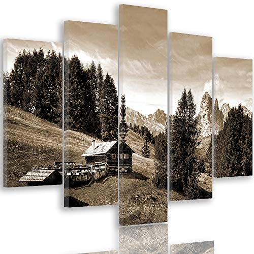 Feeby Bilder Berge 100x70 cm - Leinwandbild - 5 Teilig - Kunstdruck Hütte Bäume Sepia