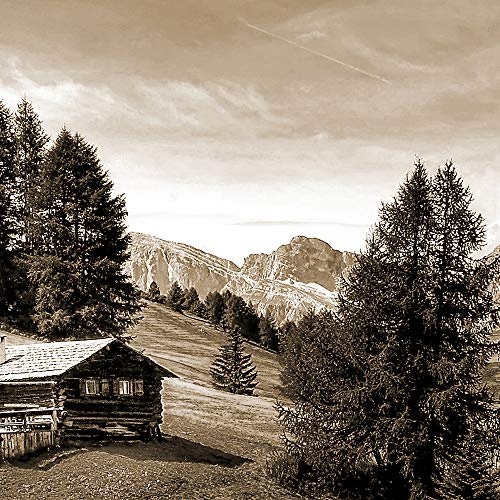 Feeby Bilder Berge 100x70 cm - Leinwandbild - 5 Teilig - Kunstdruck Hütte Bäume Sepia