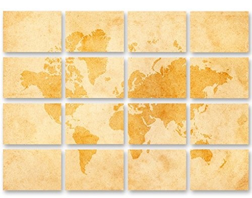 Leinwandbild Vintage Weltkarte 16-teilig Erde Kontinente Pergament Atlas Puzzle, Leinwand, Leinwandbild XXL, Leinwanddruck, Wandbild