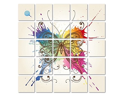 Leinwandbild Aquarell Schmetterling 25-teilig Floral Schnörkel Regenbogen, Leinwand, Leinwandbild XXL, Leinwanddruck, Wandbild
