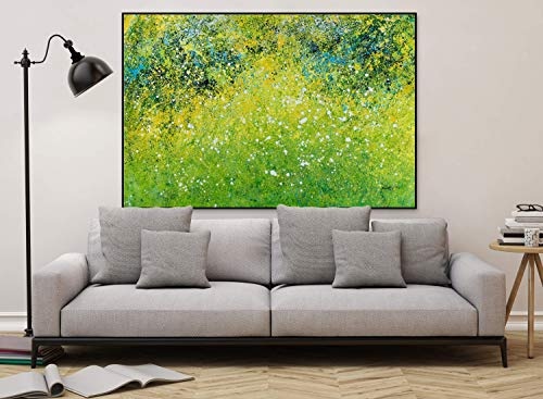 KunstLoft® XXL Gemälde Grüne Wiesenpracht 180x120cm | original handgemalte Bilder | Abstrakt Farbkleckse Grün Gelb | Leinwand-Bild Ölgemälde einteilig groß | Modernes Kunst Ölbild
