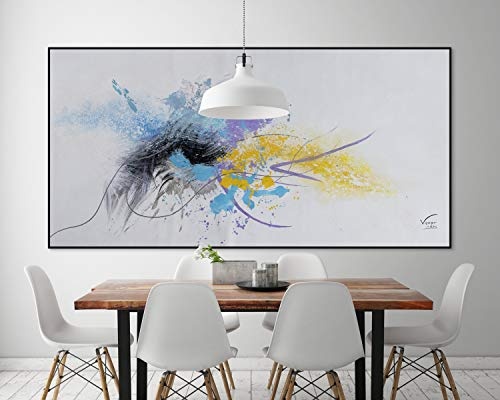 KunstLoft® XXL Gemälde Spielerisches Leben 200x100cm | original handgemalte Bilder | Abstrakt Linien Blau Gelb | Leinwand-Bild Ölgemälde einteilig groß | Modernes Kunst Ölbild