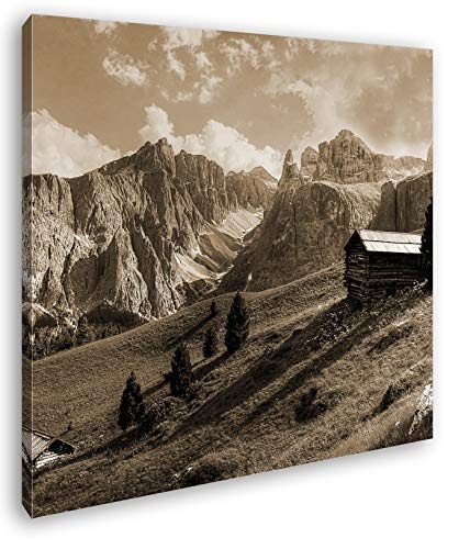 einsame Hütte in den Bergen Format: 60x60 Effekt: Sepia als Leinwandbild, Motiv fertig gerahmt auf Echtholzrahmen, Hochwertiger Digitaldruck mit Rahmen, Kein Poster oder Plakat
