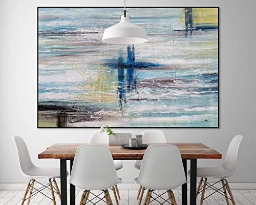 KunstLoft® XXL Gemälde Ahnungslose Stille 180x120cm | original handgemalte Bilder | Abstrakt Farbtupfer Blau Grün | Leinwand-Bild Ölgemälde einteilig groß | Modernes Kunst Ölbild