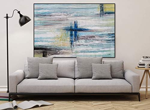 KunstLoft® XXL Gemälde Ahnungslose Stille 180x120cm | original handgemalte Bilder | Abstrakt Farbtupfer Blau Grün | Leinwand-Bild Ölgemälde einteilig groß | Modernes Kunst Ölbild