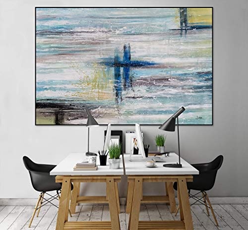 KunstLoft® XXL Gemälde Ahnungslose Stille 180x120cm | original handgemalte Bilder | Abstrakt Farbtupfer Blau Grün | Leinwand-Bild Ölgemälde einteilig groß | Modernes Kunst Ölbild