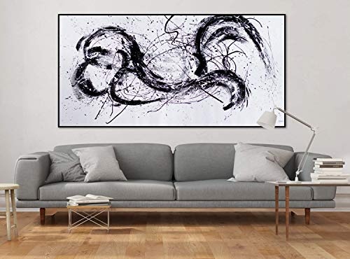 KunstLoft® XXL Gemälde Drachenherz 200x100cm | original handgemalte Bilder | Abstrakt Schwarz Weiß Grau | Leinwand-Bild Ölgemälde einteilig groß | Modernes Kunst Ölbild