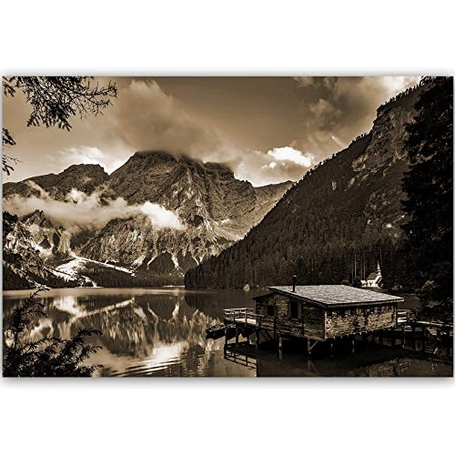 Feeby Bilder Berge 60x40 cm - Leinwandbild - 1 Teilig - Kunstdruck Hütte See Sepia